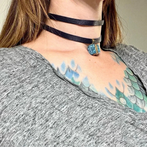Handmade Leather Choker - Blue Apatite Pendant -Upcycled Rebecca Minkoff Tassel - Picture 1 of 6